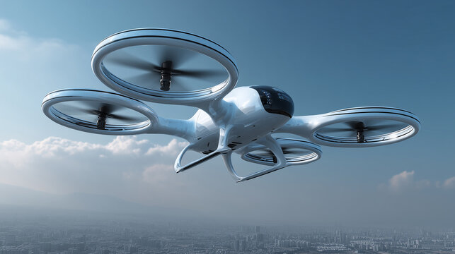 Futuristic white passenger drone flying above a city skyline with four large propellers, representing next-generation urban air mobility, autonomous aerial transport, and advanced drone technology und