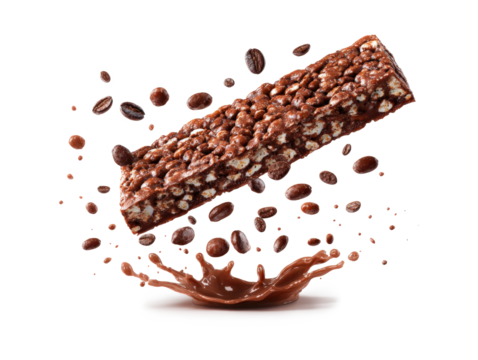 Falling chocolate cereal bar isolated on a white background