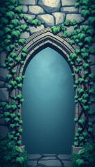 Fantasy ivy covered stone arch with ancient engraved details