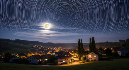 A serene lake reflects the bright full moon and starry sky, framed by dark, tree-covered hills under a twilight sky.
