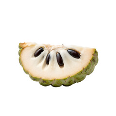 Closeup of a Creamy White Cherimoya Slice with Dark Seeds on a Transparent Background