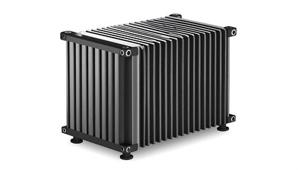 Fototapeta premium A modern, square, metallic device with a series of parallel, vertical panels, showcasing a sleek industrial design.