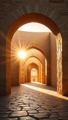 Radiant glow through curved entry with abstract stone details