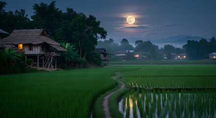 A serene lake reflects the bright full moon and starry sky, framed by dark, tree-covered hills under a twilight sky.
