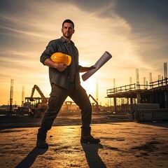 Construction Engineer Man Holding Helmet and Blueprint at Sunset on Building Site