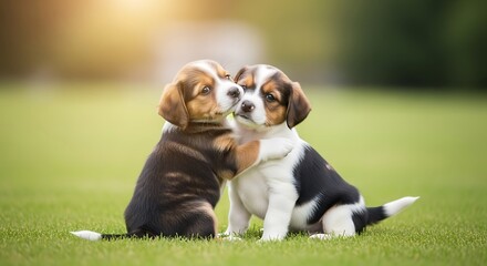 Cute Adult Beagle Puppies Playing on Green Grass in Natural Park Setting