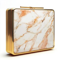 A structured box clutch with marble pattern and gold trim, top perspective, clutch bag isolated on white background color, photorealistic accuracy, good composition, high resolution