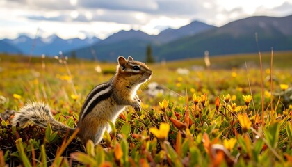 A chipmunk in a meadow at sunset