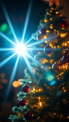 Decorated holiday tree glowing with warm festive golden lights