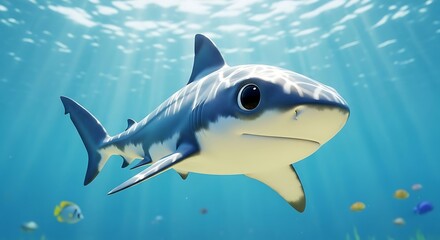 Cute Cartoon Shark Swimming Underwater in Bright Blue Ocean Scene