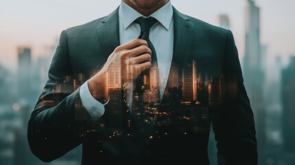businessman male in suit adjusts red tie with hand against backdrop of city view sunset double exposure effect background