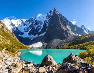 Obraz premium Stunning alpine lake nestled amongst snow-capped peaks (1)