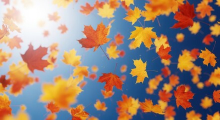 Obraz premium Falling autumn leaves against a bright blue sky, creating a vibrant scene of seasonal change, natures beauty, and the transition to fall
