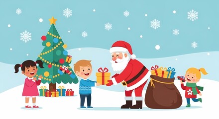 Fototapeta premium Santa Claus Distributing Gifts to Happy Children by the Christmas Tree