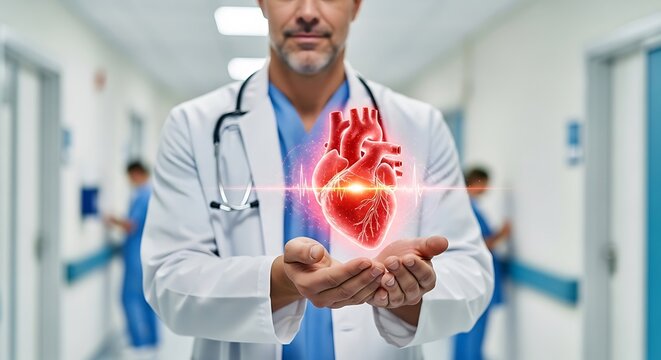 A doctor in a hospital hallway holds a glowing, anatomical heart in his hands, symbolizing cardiac care and medical expertise. - Powered by Adobe