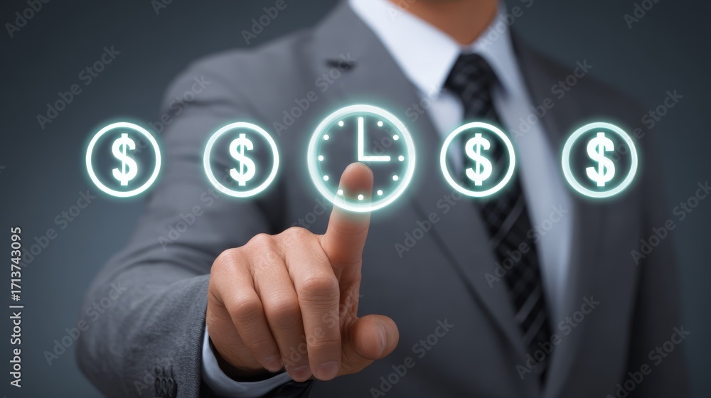 Poster businessman managing time, a man in suit points to clock emphasizing time management and punctuality