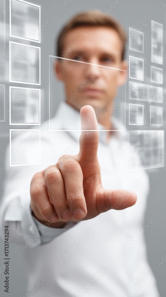 Poster man engaging with interactive display, a visual representation of technology and user experience.