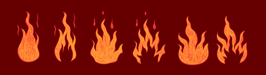 Orange set fire with crayon texture. Scribble flame with texture. Vector illustration