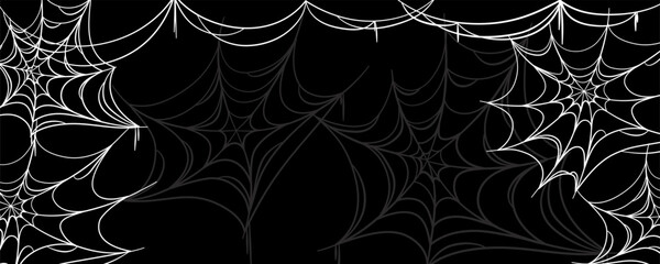 Black halloween background with white spider web. Halloween design with cobweb. Vector illustration