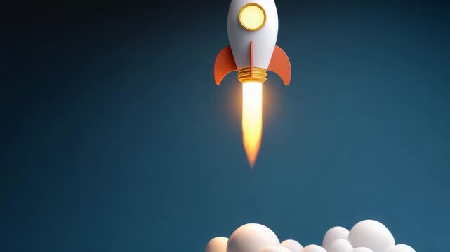 Rocket launch with bright flame and smoke clouds on dark blue background showcasing innovation, progress, and advanced technology in space exploration and rocket science development
