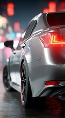 Illuminating urban nights, white car with red lights enhances cityscape ambiance.