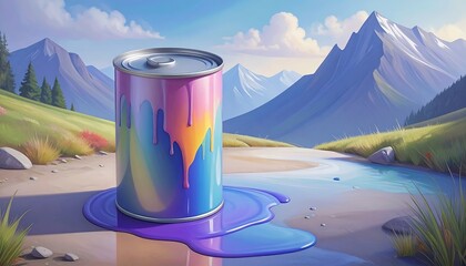 Colorful paint can spills vibrant hues in a scenic landscape