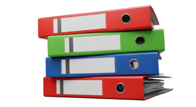 Organized Stack of Colorful Office Binders with Blank Labels, Ready for Data and Archiving. clipping path.