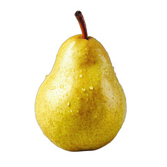 Single ripe pear, yellow-gold hue, wet with droplets