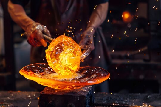 Glassblower shaping molten glass into a decorative object with sparks flying - Powered by Adobe