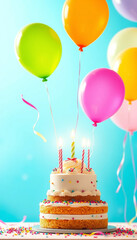 Colorful birthday balloons with festive cake glowing in candlelight