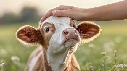 human hand pats a small calf in a field