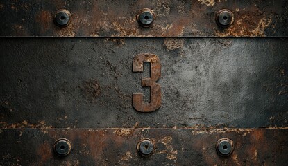 Rusted metal plate with number three