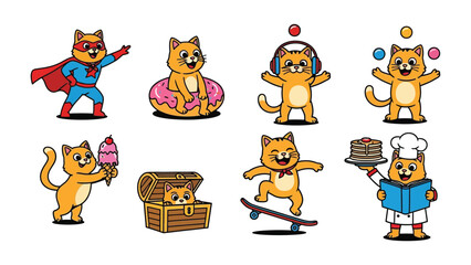 Whimsical Cat Character Collection: An adorable cartoon cat showcases a playful collection, each scene featuring a different activity or costume.