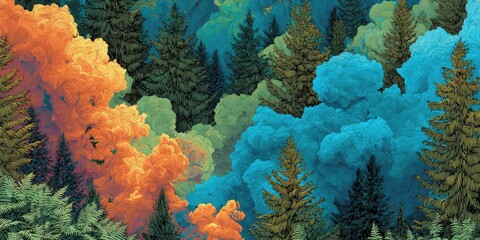 Vibrant forest scene with colorful clouds