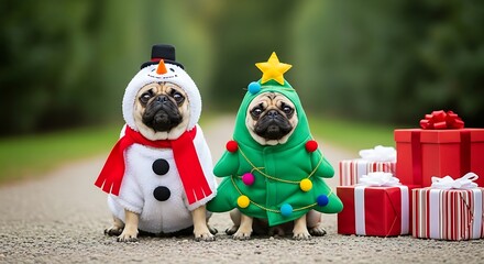 Two adorable pugs dressed for a festive holiday celebration