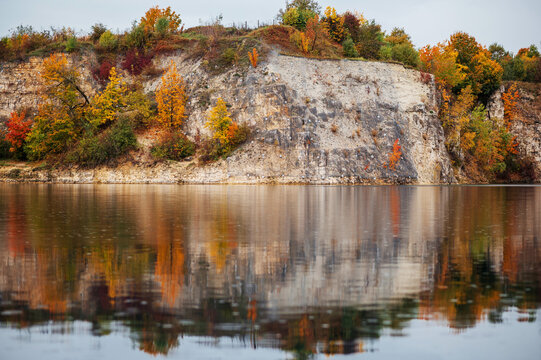 Zakrz&oacute;wek Quarry, Krakow. Floating swimming pool. Cloudy autumn day