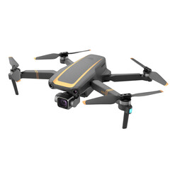 Gray drone with orange accents and camera on black background