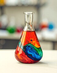 Colorful chemical flask on a lab table