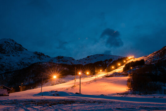 Illuminated Ski Slope at Dusk