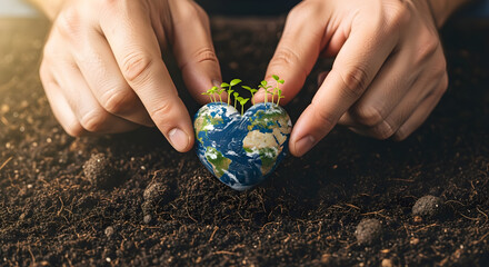 Caring hands holding heart-shaped Earth with growing sprouts symbolizing environmental protection and sustainability.