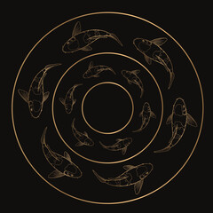 Koi fish drawing, freehand line style, gold color, black background.