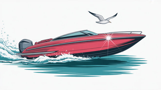 Red speedboat sailing fast on the water with seagull illustration vector graphic design for boating enthusiasts