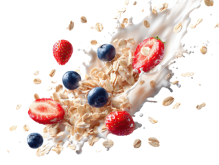 Falling oat flakes with blueberry and strawberry slices, oatmeal with milk splash isolated on a white background