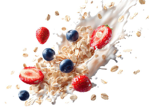 Falling oat flakes with blueberry and strawberry slices, oatmeal with milk splash isolated on a white background - Powered by Adobe