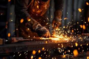 Metalworker grinding steel in workshop creating sparks