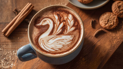 Swan latte art in blue cup with cinnamon sticks and cookies on rustic wooden table