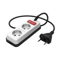 White power strip with two outlets and red switch on black background