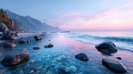 Obraz premium Coastal Serenity Azure Waters Lapping Sandy Shoreline Beneath Pink Sky with Rocky Outcrops and Distant Green Hills in Gentle Light