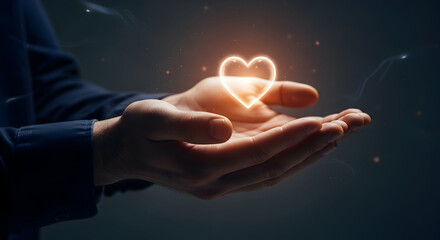 Glowing heart symbol in cupped hands, love and care concept