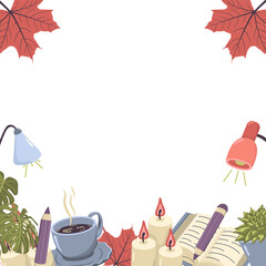 Vector autumn postcard with books and a cup of coffee, flowers and candles. Concept for studying and cozy reading. Illustration for the World Book Day.